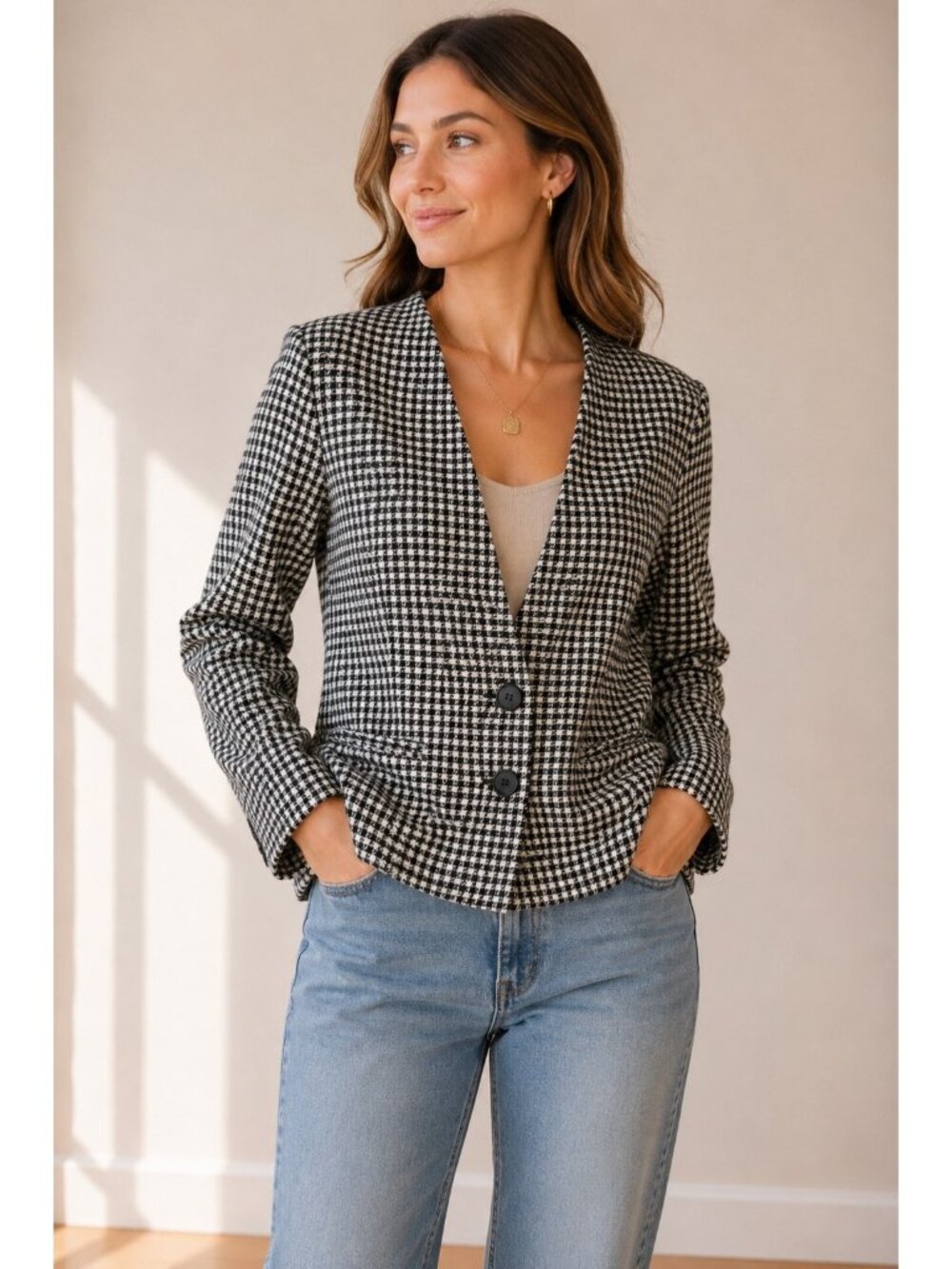 Chic John Meyer Vintage Houndstooth Blazer Black White Preppy Career Jacket